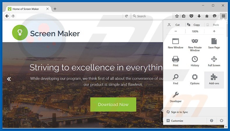 Removing Screen Maker ads from Mozilla Firefox step 1