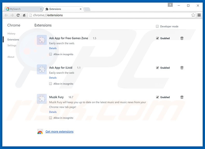 Removing search.mysearch.com related Google Chrome extensions