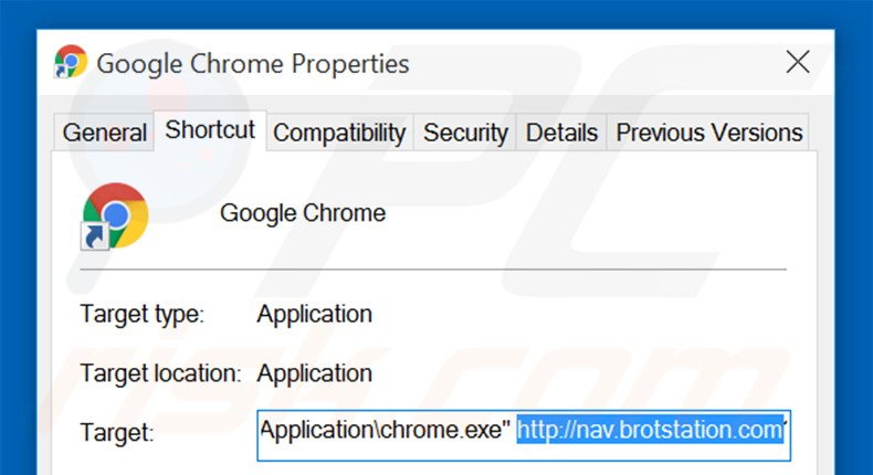 Removing nav.brotstation.com from Google Chrome shortcut target step 2