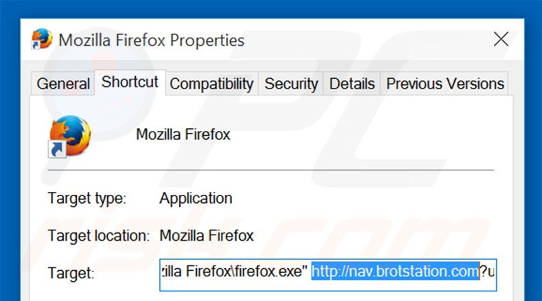 Removing nav.brotstation.com from Mozilla Firefox shortcut target step 2