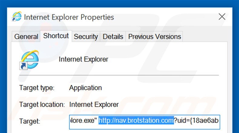 Removing nav.brotstation.com from Internet Explorer shortcut target step 2