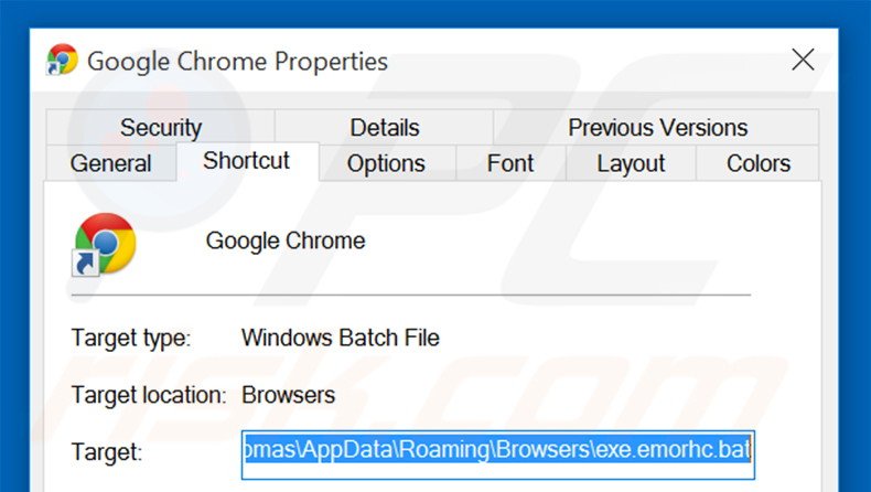Removing stadsear.com from Google Chrome shortcut target step 2