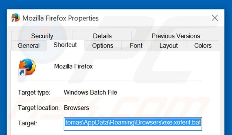 Removing stadsear.com from Mozilla Firefox shortcut target step 2