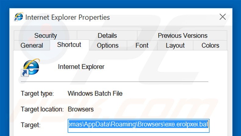 Removing stadsear.com from Internet Explorer shortcut target step 2
