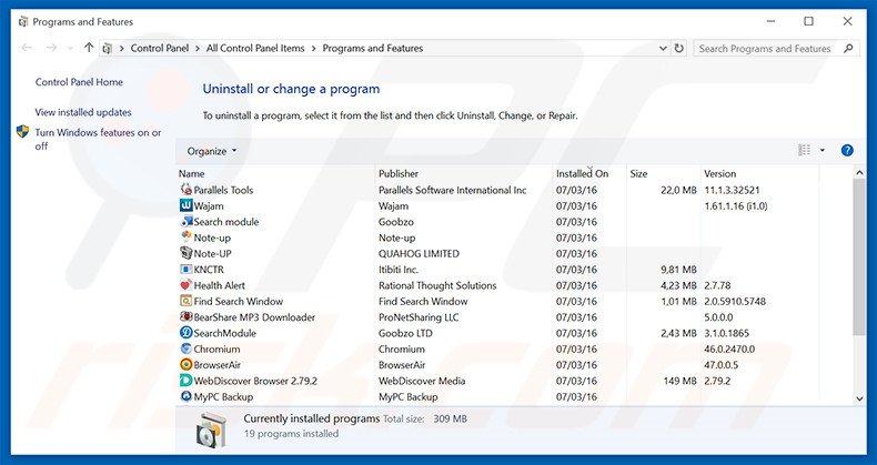 TrailerWatch adware uninstall via Control Panel