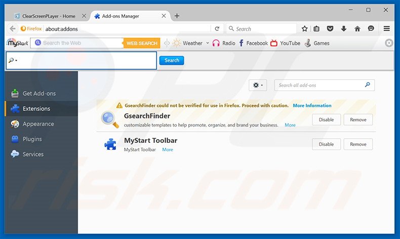 Removing ClearScreen Player ads from Mozilla Firefox step 2