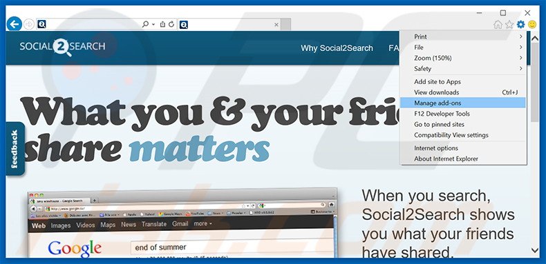 Removing Social2Search ads from Internet Explorer step 1