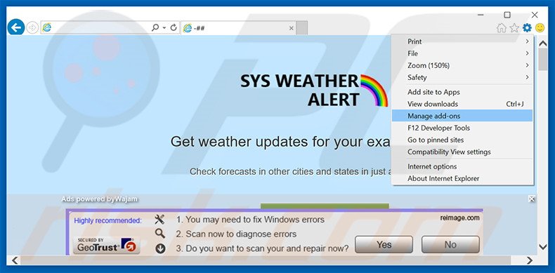 Removing SysWeatherAlert ads from Internet Explorer step 1