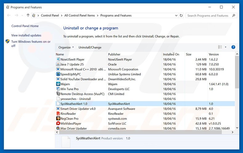 SysWeatherAlert adware uninstall via Control Panel