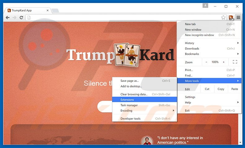 Removing TrumpKard  ads from Google Chrome step 1
