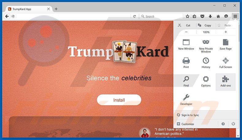 Removing TrumpKard ads from Mozilla Firefox step 1