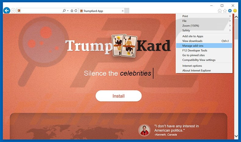 Removing TrumpKard ads from Internet Explorer step 1