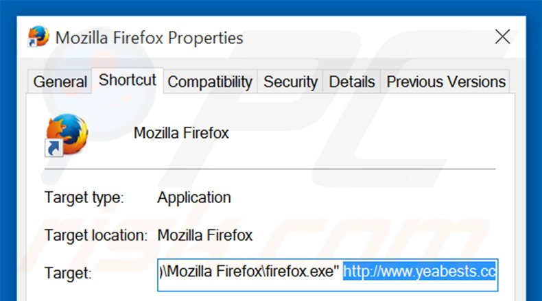 Removing yeabests.cc from Mozilla Firefox shortcut target step 2