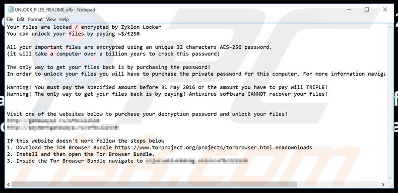 Zyklon ransomware text file