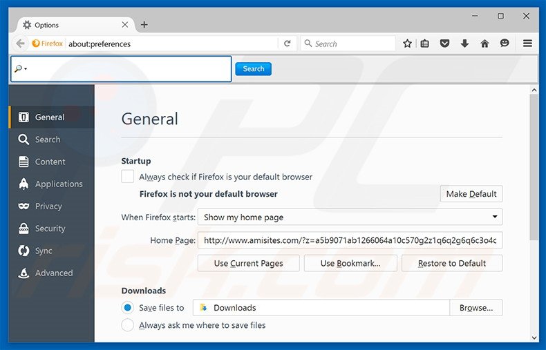 Removing amisites.com from Mozilla Firefox homepage
