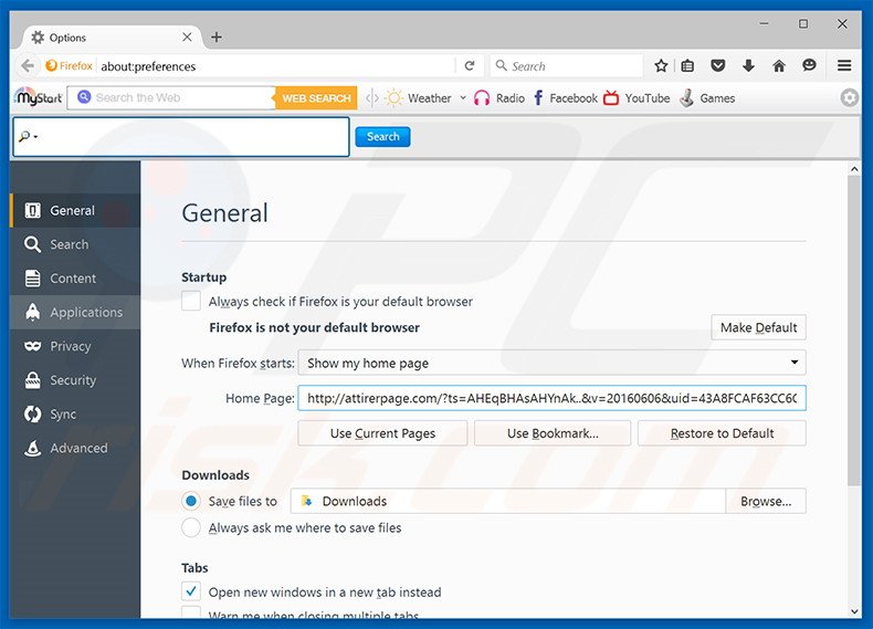 Removing attirerpage.com from Mozilla Firefox homepage