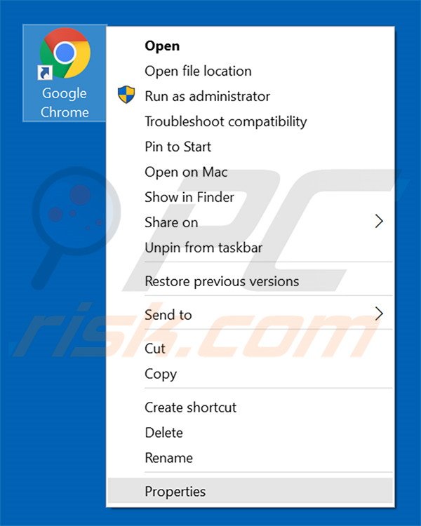 Removing navsmart.info from Google Chrome shortcut target step 1