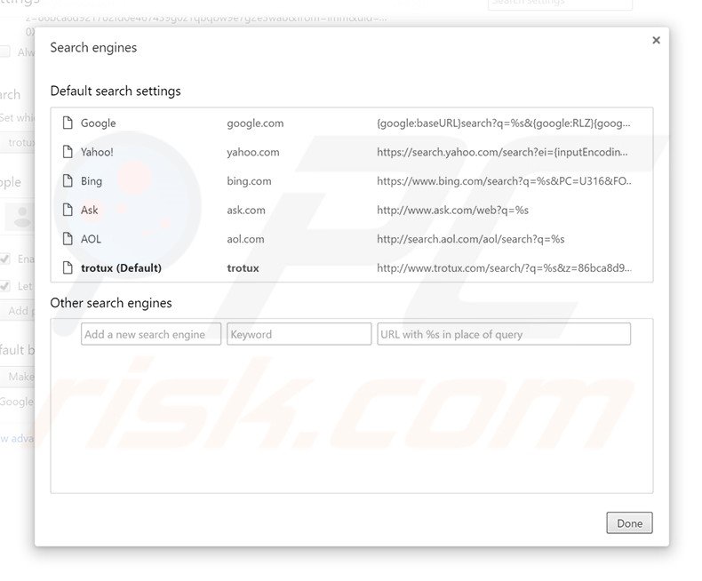 Removing trotux.com from Google Chrome default search engine