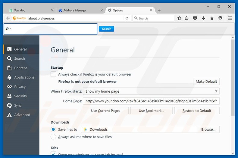 Removing youndoo.com from Mozilla Firefox homepage