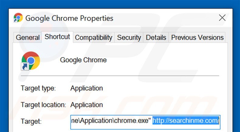 Removing searchinme.com from Google Chrome shortcut target step 2