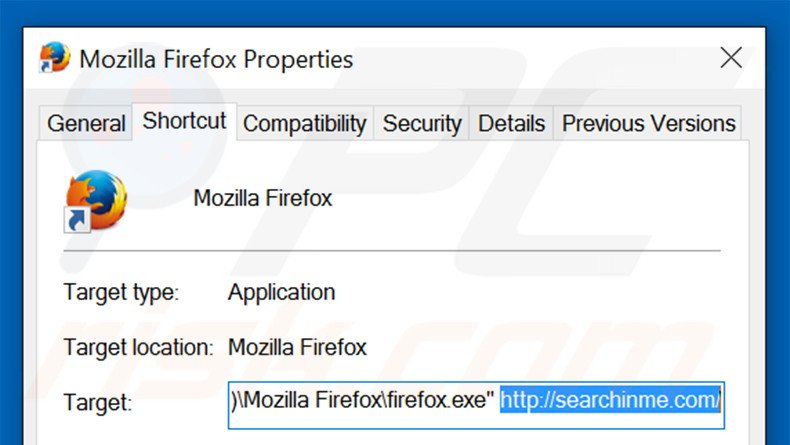 Removing searchinme.com from Mozilla Firefox shortcut target step 2