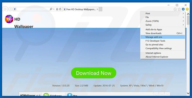 Removing HDWallpaper ads from Internet Explorer step 1