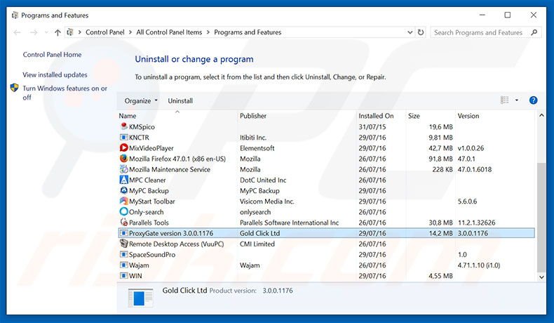 ProxyGate adware uninstall via Control Panel