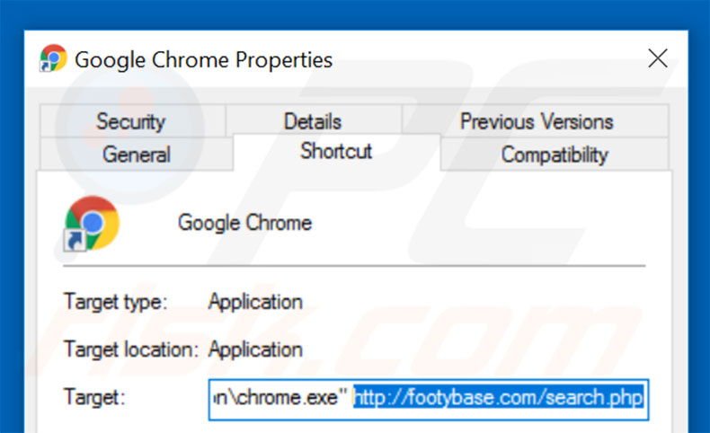Removing footybase.com from Google Chrome shortcut target step 2