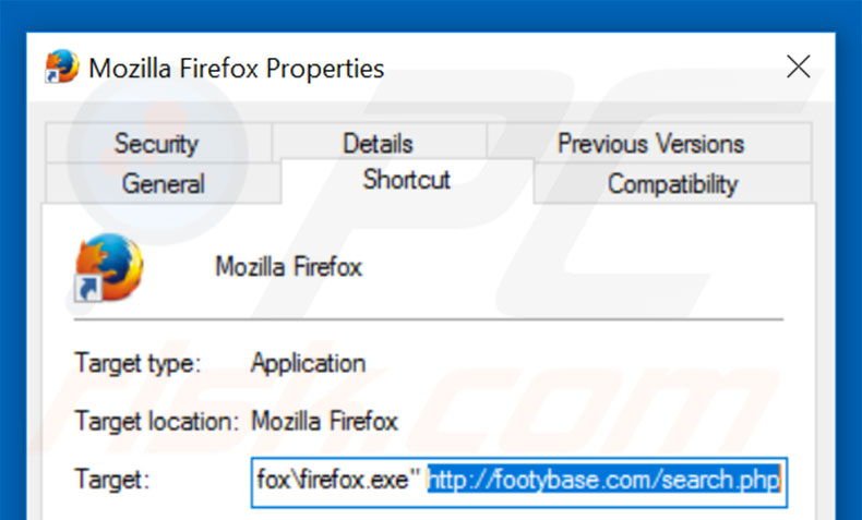 Removing footybase.com from Mozilla Firefox shortcut target step 2