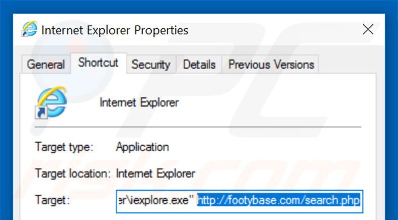 Removing footybase.com from Internet Explorer shortcut target step 2