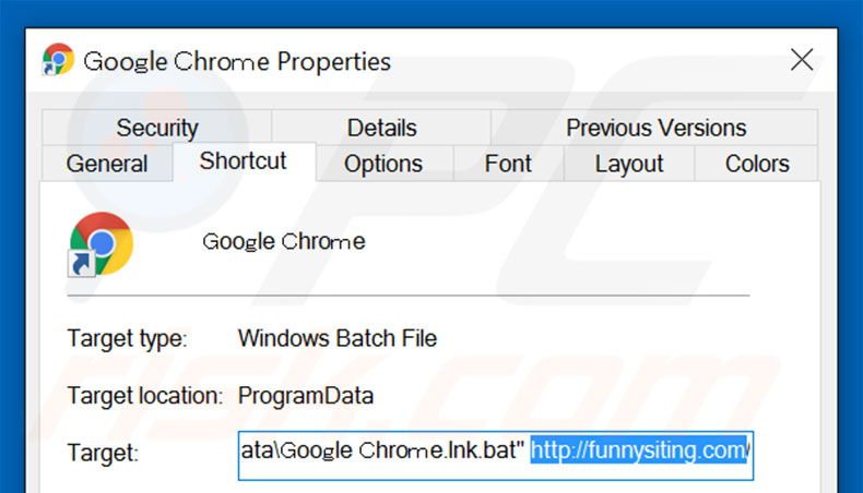 Removing funnysiting.com from Google Chrome shortcut target step 2