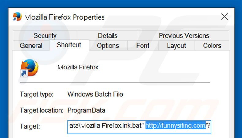 Removing funnysiting.com from Mozilla Firefox shortcut target step 2
