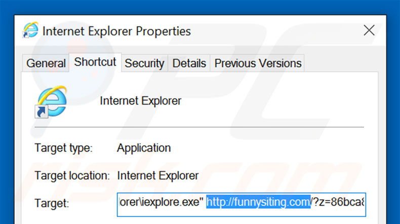 Removing funnysiting.com from Internet Explorer shortcut target step 2