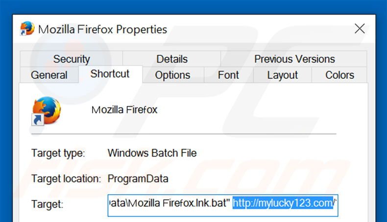 Removing mylucky123.com from Mozilla Firefox shortcut target step 2
