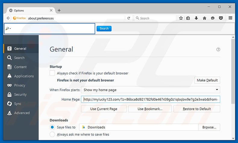 Removing mylucky123.com from Mozilla Firefox homepage