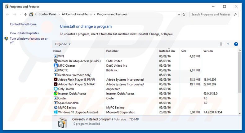 tavanero.info browser hijacker uninstall via Control Panel