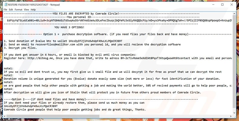 Comrade Circle ransomware text file