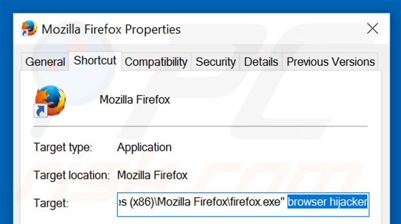 Removing go.mail.ru from Mozilla Firefox shortcut target step 2