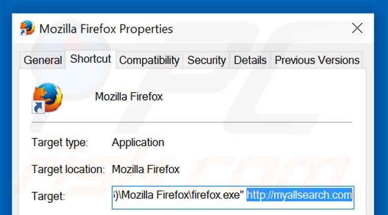 Removing myallsearch.com from Mozilla Firefox shortcut target step 2