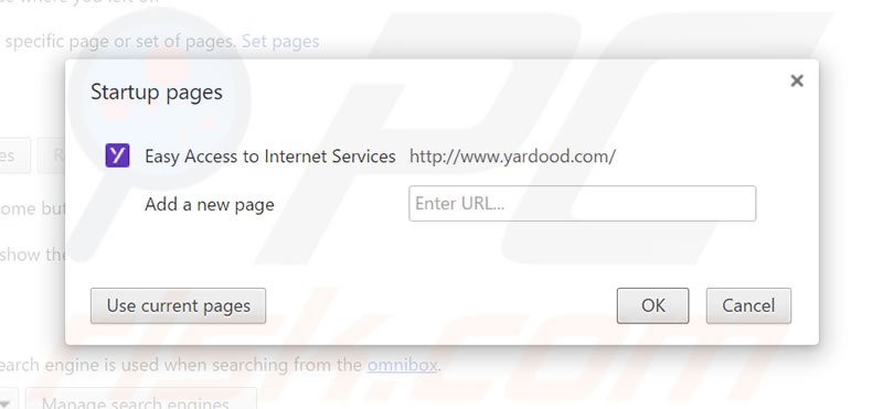 Removing yardood.com from Google Chrome homepage