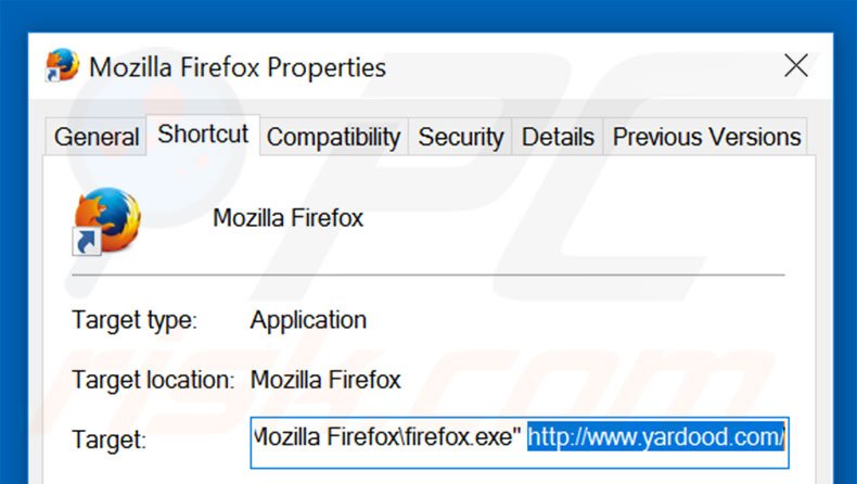 Removing yardood.com from Mozilla Firefox shortcut target step 2