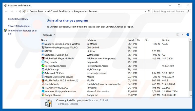 Your Windows Computer Has Been Blocked adware uninstall via Control Panel