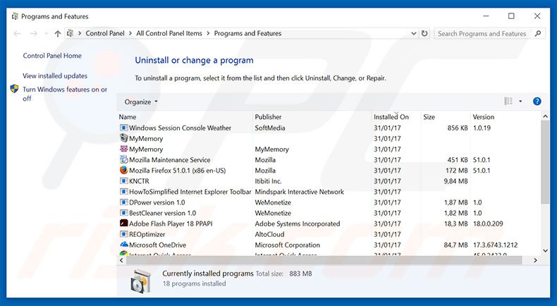 Call Windows Help Desk Immediately adware uninstall via Control Panel