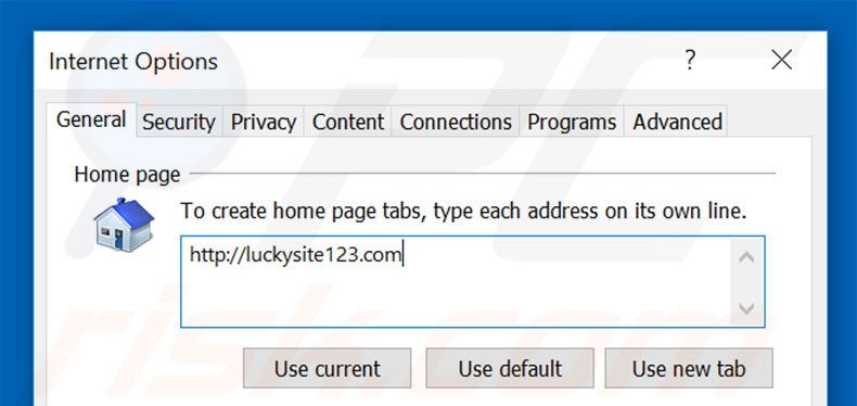 Removing luckysite123.com from Internet Explorer homepage