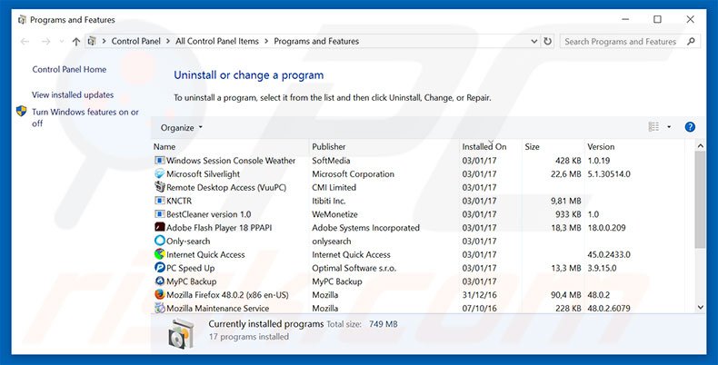 luckysite123.com browser hijacker uninstall via Control Panel