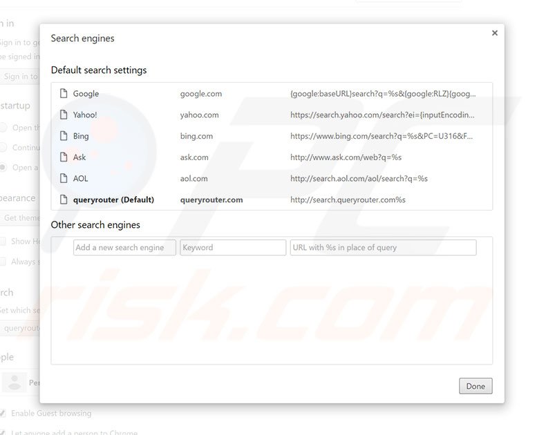 Removing search.queryrouter.com from Google Chrome default search engine
