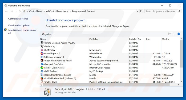 initialpage123.com browser hijacker uninstall via Control Panel