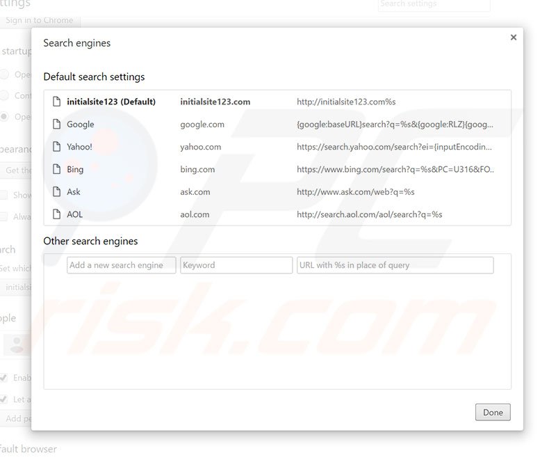 Removing initialsite123.com from Google Chrome default search engine