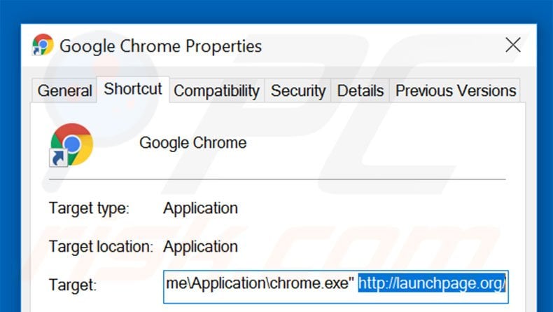 Removing launchpage.org from Google Chrome shortcut target step 2