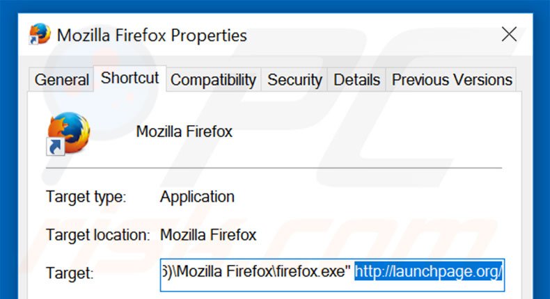 Removing launchpage.org from Mozilla Firefox shortcut target step 2